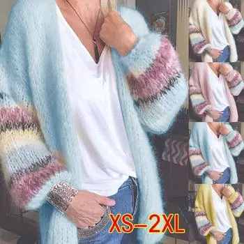 Зимний женский свитер, пальто, полосатый кардиган из мохера, зимний теплый вязаный свитер с рукавами-фонариками, повседневные свободные женские топы S бежевый