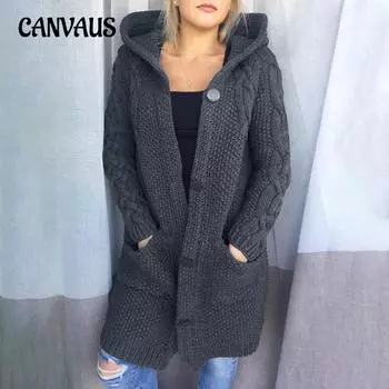 Зимний женский свитер пальто с капюшоном однобортный тонкий вязаный уличный хипстерский свитер с длинными рукавами S хаки