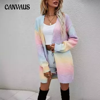 Зимний женский свитер Радужный тай-дай средней длины, кардиган больших размеров, женская вязаная куртка S розовый