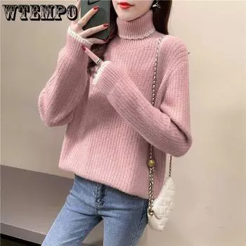 Зимний женский свитер с высоким воротом, свободный, теплый, модный, базовый, вязаный свитер, топ для женщин S тёмно-синий