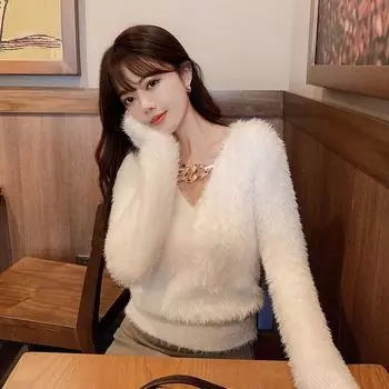 Зимний женский свитер, вязаные сексуальные топы с v-образным вырезом, белые ретро-цепочки с длинными рукавами S белый