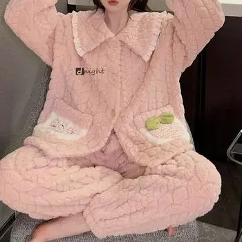 Зимний женский теплый пижамный комплект, коралловая бархатная пижама, фланелевая утолщенная пижама с рисунком, свободная домашняя одежда, свободная пижама M