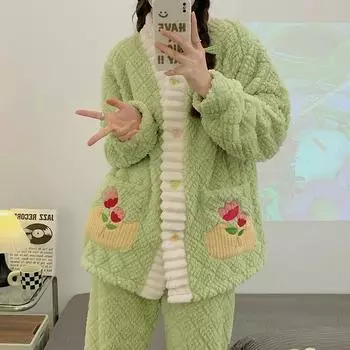 Зимний женский теплый пижамный комплект, одежда для сна из кораллового флиса, фланелевые плотные пижамы с героями мультфильмов, домашняя одежда большого размера, пижама большого размера 2XL зелёный
