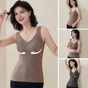 Зимний женский терможилет с нагрудными накладками, бесшовный кружевной V-образный вырез, быстрая фиксация температуры, согревающий, облегающий, эластичный, без рукавов, внутренняя одежда, нижняя майка L
