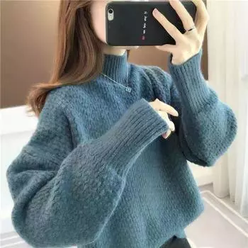Зимний женский толстый полувысокий свитер для женщинЖенский свободный свитер на осень/зиму S синий