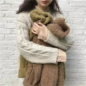 Зимний женский толстый теплый свитер с круглым вырезом, женский однотонный повседневный свободный вязаный пуловер с длинными рукавами, женские корейские топы One Size серый