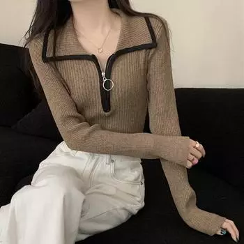 Зимний женский трикотажный свитер с длинным рукавом на молнии, осенний облегающий модный элегантный отложной воротник, женские свитера, однотонные трикотажные джемперы 25372 One Size серый