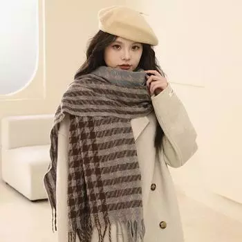 Зимний женский универсальный клетчатый шарф с принтом «Тысяча птиц», утолщенная клетчатая шаль, высококачественный шарф, подарок на день рождения для парня 200*50 темно-синий