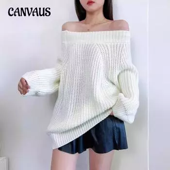 Зимний женский утолщенный сексуальный пуловер с однотонным воротником, свитер, свободные топы, толстый вязаный свитер с рукавами-фонариками S слоновая кость
