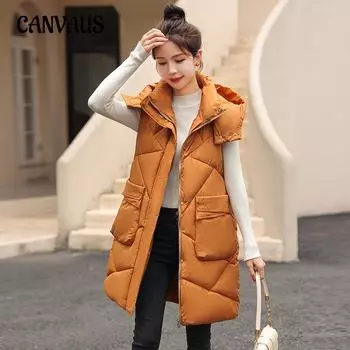 Зимний женский жилет больших размеров средней длины с большими карманами, утолщенная куртка с капюшоном, хлопковый жилет M белый