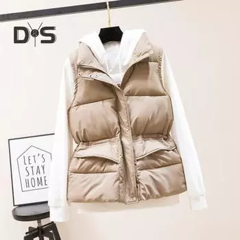 Зимний женский жилет, пальто, утолщенная застежка-молния, воротник-стойка, защита шеи, без рукавов, однотонный, ветрозащитный, сохраняющий тепло, уличный пуховик L чёрный