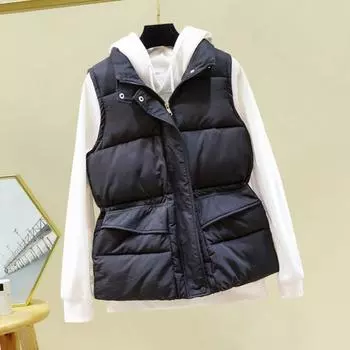 Зимний женский жилет, пальто, утолщенная застежка-молния, воротник-стойка, защита шеи, без рукавов, однотонный, ветрозащитный, сохраняющий тепло, уличный пуховик L чёрный