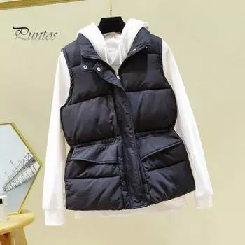 Зимний женский жилет, пальто, утолщенная застежка-молния, воротник-стойка, защита шеи, без рукавов, однотонный, ветрозащитный, сохраняющий тепло, уличный пуховик L чёрный