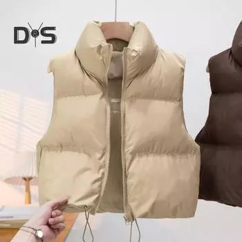 Зимний женский жилет, пальто, утолщенный, с застежкой-молнией, воротником-стойкой, без рукавов, однотонный, непромокаемый, сохраняющий тепло, уличный пуховик M чёрный