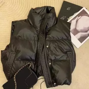 Зимний женский жилет, пальто, утолщенный, с застежкой-молнией, воротником-стойкой M чёрный