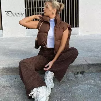 Зимний женский жилет, пальто, утолщенный, с застежкой-молнией, воротник-стойка, без рукавов, однотонный, с защитой от ударов, сохраняющий тепло, уличный пуховик L кофейный