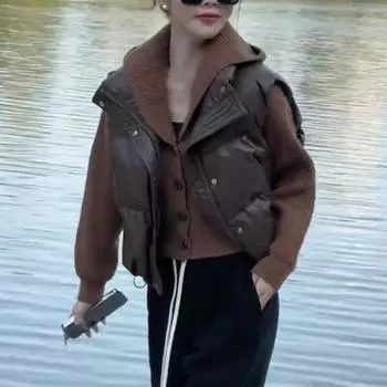 Зимний женский жилет, пальто, утолщенный, с застежкой-молнией, воротник-стойка, без рукавов, однотонный M бежевый