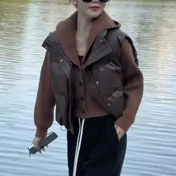 Зимний женский жилет, пальто, утолщенный, с застежкой-молнией, воротник-стойка, без рукавов, однотонный, ветрозащитный, сохраняющий тепло, для активного отдыха D M бежевый