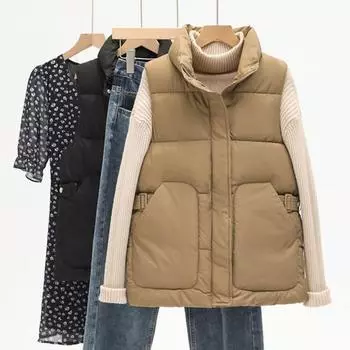 Зимний женский жилет, пальто, утолщенный, с застежкой-молнией, отложным воротником, без рукавов, с регулируемым поясом, однотонный, ветрозащитный, сохраняющий тепло M хаки