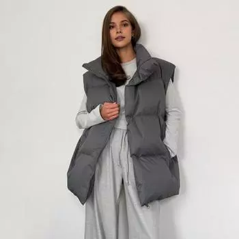Зимний женский жилет, пальто, утолщенный, с застежкой-молнией, с пышным воротником-стойкой, без рукавов, однотонный, с защитой от ударов, сохраняющий тепло, уличный пуховый жилет S чёрный