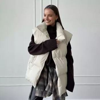 Зимний женский жилет, пальто, утолщенный, с застежкой-молнией, с пышным воротником-стойкой, без рукавов, однотонный, с защитой от ударов, сохраняющий тепло, уличный пуховый жилет S чёрный