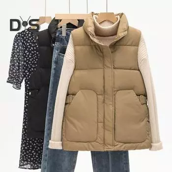 Зимний женский жилет, пальто, утолщенный, с застежкой-молнией, отложным воротником, без рукавов, с регулируемым поясом, однотонный, ветрозащитный, сохраняющий тепло M кофейный