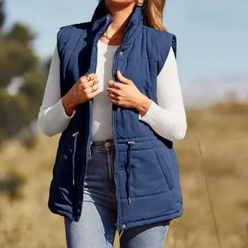 Зимний женский жилет пальто утолщенный с застежкой на пуговицы воротник стойка без рукавов однотонный M темно-синий