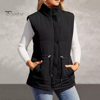 Зимний женский жилет, пальто, утолщенный, с застежкой на пуговицы, воротник-стойка, без рукавов, однотонный, с завязками на талии, ветрозащитный, сохраняющий тепло, для улицы M темно-синий