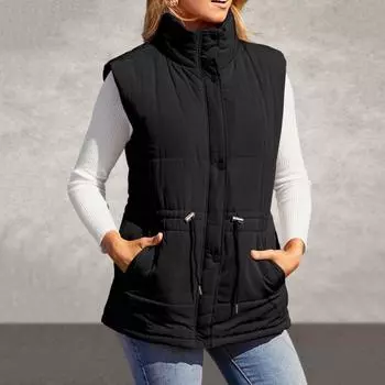 Зимний женский жилет, пальто, утолщенный, с застежкой на пуговицы, воротник-стойка, без рукавов, однотонный, с завязками на талии, ветрозащитный, сохраняющий тепло M армия зеленый