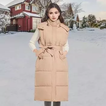 Зимний женский жилет с поясом, воротником-стойкой, без рукавов, длиной до икры, с застежкой-молнией и пуговицами, верхняя одежда для холодной погоды M бежевый