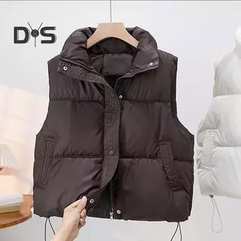 Зимний женский жилет, утепленное пальто с застежкой на пуговицы, воротник-стойка, завязывающийся шнурок, без рукавов, однотонный, непромокаемый, сохраняющий тепло, уличный пуховик M чёрный
