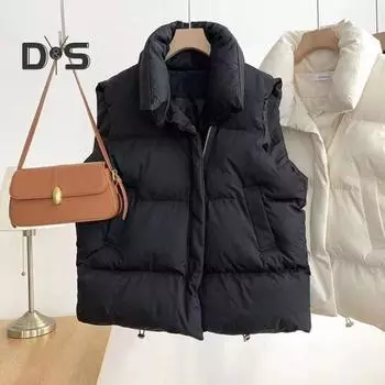 Зимний женский жилет, утепленное пальто с застежкой-молнией, воротник-стойка, без рукавов, однотонное, ветрозащитное, сохраняющее тепло, уличное пуховое пальто M белый