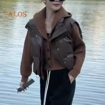 Зимний женский жилет, утепленное пальто с застежкой-молнией, воротник-стойка, без рукавов, однотонное, ветрозащитное, сохраняющее тепло, уличное пуховое пальто M бежевый