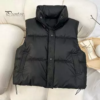 Зимний женский жилет, утепленное пальто с застежкой-молнией, воротник-стойка, без рукавов, однотонное, ветрозащитное, сохраняющее тепло, уличное пуховое пальто M чёрный