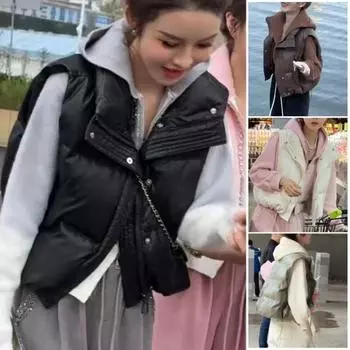 Зимний женский жилет, утепленное пальто с застежкой-молнией, воротник-стойка, без рукавов, однотонное, ветрозащитное, сохраняющее тепло, уличное пуховое пальто M кофейный