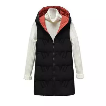 Зимний женский жилет утолщенный с подкладкой на молнии с капюшоном приталенный без рукавов однотонный M чёрный