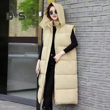 Зимний женский жилет, утолщенный, с застежкой-молнией, с капюшоном, свободный крой, регулируемая талия с поясом, без рукавов, однотонный, ветрозащитный, сохраняющий тепло M хаки