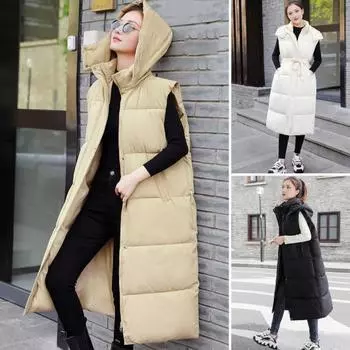 Зимний женский жилет, утолщенный, с застежкой-молнией, с капюшоном, свободный крой, регулируемая талия с поясом, без рукавов, ветрозащитный, сохраняющий тепло пуховик M хаки