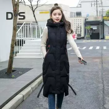 Зимний женский жилет, утолщенный, с застежкой-молнией, с капюшоном, с декором на поясе, без рукавов, однотонный, ветрозащитный, сохраняющий тепло, уличный пуховик L чёрный