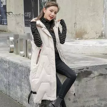 Зимний женский жилет, утолщенный, с застежкой-молнией, с капюшоном, с декором на поясе, без рукавов, однотонный, ветрозащитный, сохраняющий тепло, уличный пуховик L чёрный