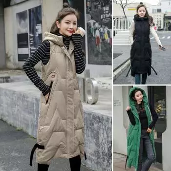 Зимний женский жилет, утолщенный, с застежкой-молнией, с капюшоном, с декором на поясе, без рукавов, однотонный, ветрозащитный, сохраняющий тепло, уличный пуховик L зелёный