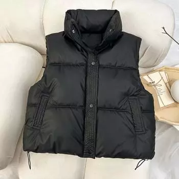 Зимний женский жилет Yousheng, утолщенное мягкое пальто с застежкой-молнией, воротник-стойка, без рукавов, однотонное ветрозащитное, сохраняющее тепло, уличное пуховое пальто M чёрный