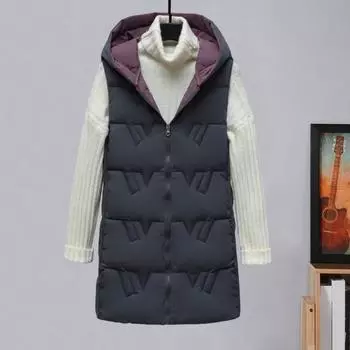 Зимний женский жилет Yousheng, утолщенный, с застежкой-молнией, с капюшоном, облегающий, без рукавов, однотонный, ветрозащитный, сохраняющий тепло, уличный пуховик M чёрный