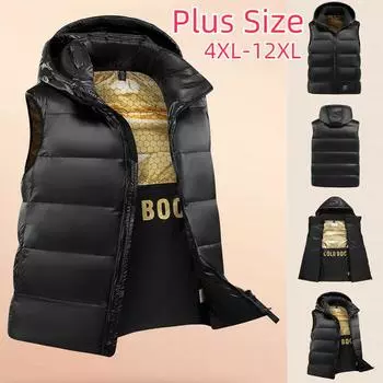 Зимний жилет с капюшоном больших размеров для полных мужчин, свободный жилет на белом утином пуху, черное золото, 4XL-12XL 12XL чёрный