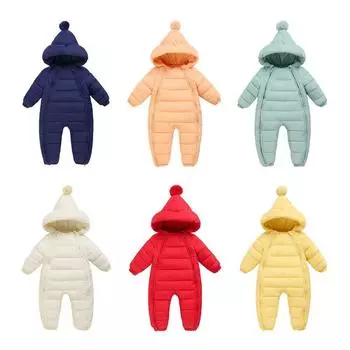 Зимний зимний комбинезон для маленьких мальчиков и девочек, комбинезон с помпоном, верхняя одежда с капюшоном на молнии, цельный комбинезон для малышей, пуховое пальто, боди, От 0 до 18 месяцев L/90