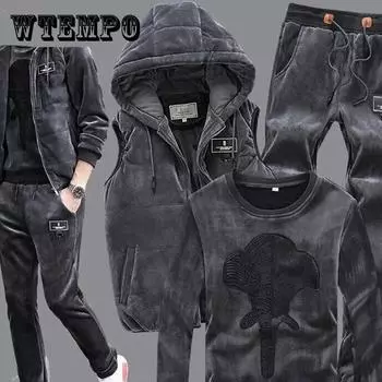 Зимний золотой бархатный мужской костюм-свитер Корейский модный повседневный спортивный костюм плюс бархатный толстый костюм-тройка XXXL