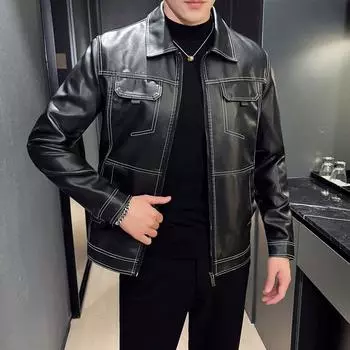 Зимняя эластичная тонкая мужская мотоциклетная куртка из искусственной кожи в стиле ретро с объемными карманами и металлическими пуговицами, мягкая кожаная куртка в рабочем стиле XXXXL