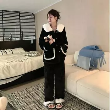 Зимняя элегантная фланелевая одежда для сна, женские пижамные комплекты, однотонные, мягкие, с длинными рукавами, 2 предмета, домашний костюм для сна, толстый теплый коралловый флис, уютная домашняя одежда, теплая ночная одежда M(38-48kg)