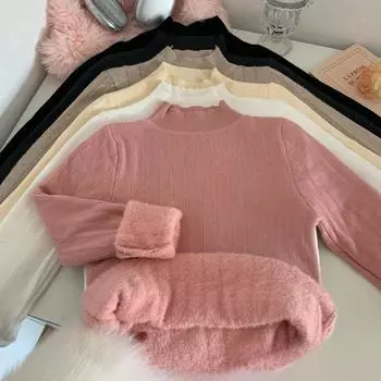 Зимняя элегантная рубашка из бархата с полувысоким воротом, новая женская утолщенная винтажная узкая блузка, модный трикотажный свитер с длинными рукавами, повседневный топ S чёрный