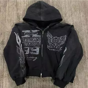 Зимняя американская Ins Street Hip hop Star Printed Sweatshirt Trend Y2K Black Zipper Hoodie Y2k Harajuku Jacket Sweatshirt S красный